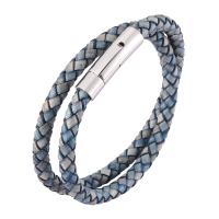 Bracelet cordon en cuir, Cuir de vachette pleine fleur, avec acier inoxydable, unisexe, bleu, Vendu par PC