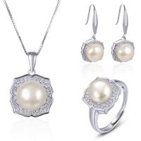 925 Sterling Silver Jewelry Sets pendant & finger ring & earring with Freshwater Pearl platinum plated & micro pave cubic zirconia & for woman  9mm US Ring .5 Sold By Set