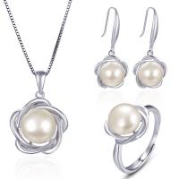 925 Sterling Silver Jewelry Sets, pendant & finger ring & earring, with Freshwater Pearl, Flower, platinum plated, adjustable & different styles for choice & for woman, 15x21.5mm, 13.1x29.5mm, 2.5mm, 9mm, US Ring Size:7.5-8, Sold By Set
