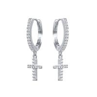 925 Sterling Silver Huggie Hoop Drop Earring Cross plated fashion jewelry & micro pave cubic zirconia & for woman Sold By Lot