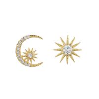 Asymmetric Earrings, Cupronickel, Sun, gold color plated, micro pave cubic zirconia, gold, nickel, lead & cadmium free, 10.6mm,9.7mm, Sold By Pair