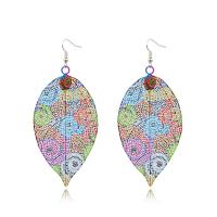 Brass Drop Earring, Leaf, printing, Tole Paintng, mixed colors, nickel, lead & cadmium free, 96x42mm, Sold By Pair