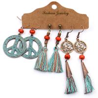 Tibetan Style Drop Earrings, with Caddice & turquoise, Peace Logo, plated, with rhinestone, more colors for choice, nickel, lead & cadmium free, 3Pairs/Set, Sold By Set