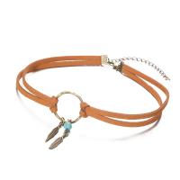Fashion Choker Necklace, PU Leather, with Turquoise, Leaf, antique brass color plated, Double Layer & for woman, Sold Per Approx 15.6 Inch Strand