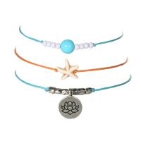 Tibetan Style Anklet, Wax Cord, with Turquoise & Tibetan Style, antique silver color plated, three pieces & Bohemian style & for woman, mixed colors, 3Strands/Set, Sold By Set