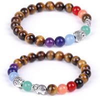 Natural Mixed Gemstone Bracelet with Buddha Charms Tiger Eye Stone & Black Lava antique silver color plated elastic & Unisex & radiation protection 8mm Sold Per Approx 7.3 Inch Strand