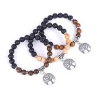 Lava Beads and Wood Beads Bracelet with Lucky Tree Charms gold color plated elastic & Unisex & radiation protection 8mm Sold Per Approx 7.3 Inch Strand