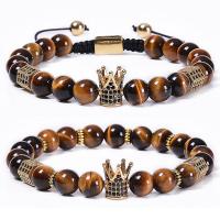 Natural Tiger Eye Bracelets, with Brass, gold color plated, Unisex & different styles for choice & radiation protection & micro pave cubic zirconia, more colors for choice, 8mm, Length:Approx 7.1 Inch, 2Strands/Lot, Sold By Lot