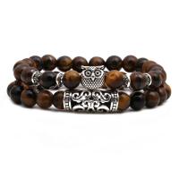 Natural Tiger Eye Bracelets, with Brass, antique silver color plated, elastic & Unisex & different styles for choice, more colors for choice, Length:Approx 7.5 Inch, Sold By Set
