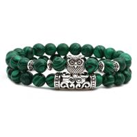 Gemstone Bracelets, Malachite, with Brass, antique silver color plated, elastic & Unisex & different styles for choice, more colors for choice, Length:Approx 7.5 Inch, Sold By Set