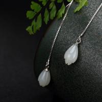 925 Sterling Silver Drop &  Dangle Earrings, with Hetian Jade, for woman, 7x24mm, Sold By Pair