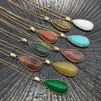 Natural Gemstone Necklace, with brass chain, Teardrop, gold color plated, polished & different materials for choice & Unisex, more colors for choice, 16x30x6mm, Sold Per Approx 18.9 Inch Strand
