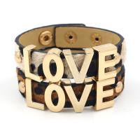 PU Leather Cord Bracelets with Zinc Alloy printing with letter pattern & for woman & leopard pattern Sold By Lot