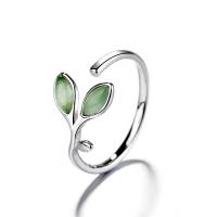 Brass Finger Ring with Cats Eye Leaf platinum plated adjustable & for woman green nickel lead & cadmium free US Ring .5 Sold By PC