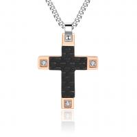 Stainless Steel Cross Pendants, with Carbon Fibre, plated, for man & with rhinestone, rose gold color, 25x36mm, 5PCs/Lot, Sold By Lot