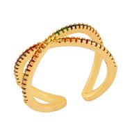 Sześciennych cyrkon Brass Ring Finger, Mosiądz, Pozłacane 18K, regulowany & mikro utorować cyrkonia & dla kobiety, wielokolorowy, bez zawartości niklu, ołowiu i kadmu, 21x21mm, sprzedane przez PC