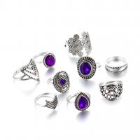 Tibetan Style Ring Set, with Rhinestone, antique silver color plated, vintage & nine pieces & for woman, purple, nickel, lead & cadmium free, Sold By Set
