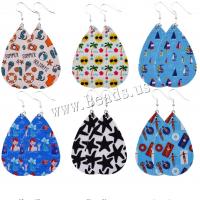 Earring Jewelry, PU Leather, with Tibetan Style, Teardrop, printing, different color and pattern for choice & for woman, 35x78mm, 5Pairs/Lot, Sold By Lot