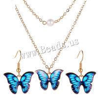 Zinc Alloy Jewelry Sets earring & necklace with Plastic Pearl with 1.97 inch extender chain Butterfly gold color plated fashion jewelry & for woman Length Approx 14.37 Inch Sold By Set