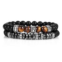 Natural Abrazine Stone & Tiger Eye Stone & Hematite Gemstone Bracelets with Brass Spacer Round plated micro pave cubic zirconia & for man 100mm 1/Set Sold By Set