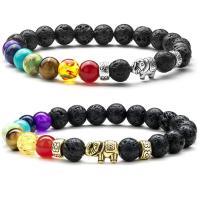 Mixed Gemstone and Lava Beads Bracelets with Elephant & Owl Charms Elastic Thread plated fashion jewelry & Unisex 8mm Sold Per 7.5 Inch Strand