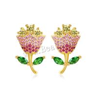 Brass Stud Earring Flower plated micro pave cubic zirconia & for woman Sold By Lot