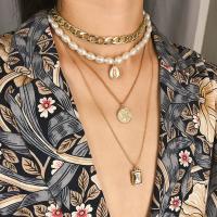 Mode-Multi-Layer-Halskette, Zinklegierung, mit Kunststoff Perlen, Modeschmuck, Goldfarbe, verkauft von PC