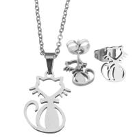 Fashion Stainless Steel Jewelry Sets, Stud Earring & necklace, Cat, plated, fashion jewelry & for woman, 14x20mm,1.5mm,8x10.5mm, Length:17 Inch, Sold By Set