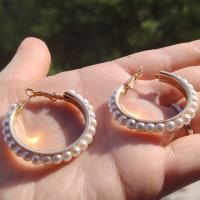 Tibetan Style Hoop Earring, with Plastic Pearl, fashion jewelry, gold, Sold By Pair