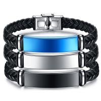 Men Bracelet Titanium Steel with Leather polished braided bracelet & laser pattern & for man 220 41*12*9mm Sold By Strand