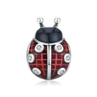 925 Sterling Silver European Large Hole Beads, Ladybug, oxidation, micro pave cubic zirconia & enamel, black and red, 8x11mm, Sold By PC
