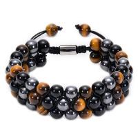 Bracelets Woven Ball pierres précieuses, oeil de tigre, Rond, durable & multicouche, noire, 8x22mm, Vendu par 7.5-11.8 pouce brin