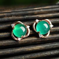 925 Sterling Silver Stud Earrings, with Chalcedony, for woman & with rhinestone, more colors for choice, 9x4x10mm, Sold By Pair