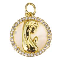 Cubic Zirconia Micro Pave Brass Pendant, with Shell, Round, gold color plated, DIY & micro pave cubic zirconia, metallic color plated, 15.50x3.50x17.50mm, Hole:Approx 3.5mm, 10PCs/Lot, Sold By Lot