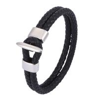 Leather Cord Bracelet Stainless Steel with Split Layer Cowhide Leather fashion jewelry black Sold By PC