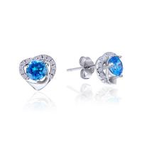 925 Sterling Silver Stud Earrings, polished, micro pave cubic zirconia & for woman, blue, 92x86mm,5mm,1mm, Sold By Pair