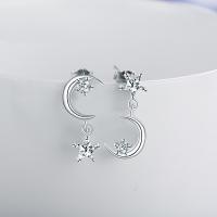 Asymmetric Earrings Brass with Cupronickel Moon and Star polished Girl & hypo allergic & micro pave rhinestone silver color 17*10*4mm  Sold By Lot