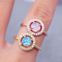 Brass Finger Ring, with Opal, Round, plated, micro pave rhinestone, more colors for choice, 11*6mm, 2Bags/Bag, 2PCs/Bag, Sold By Bag
