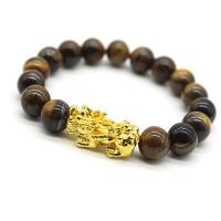 Natural Tiger Eye Bracelets, Alloy, with Tiger Eye, Ball, plated, different size for choice, earth yellow, 10mmu300112mmu201814mm, 2Strands/Bag, Sold By Bag