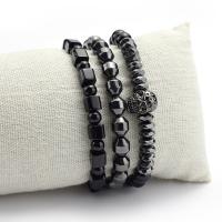 Natural Black Stone & Hematite Bracelets with Skull Brass Charms plated for man & faceted 50mm Sold By Strand