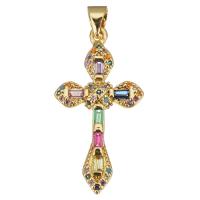 Cubic Zirconia Micro Pave Brass Pendant, Cross, gold color plated, micro pave cubic zirconia, 15.50x3.50x30mm, Hole:Approx 3.5mm, 10PCs/Lot, Sold By Lot