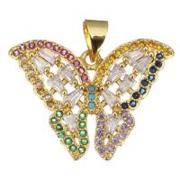 Cubic Zirconia Micro Pave Brass Pendant, with Glass, Butterfly, gold color plated, micro pave cubic zirconia, 25x3x19mm, Hole:Approx 3.5mm, 10PCs/Lot, Sold By Lot