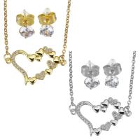 Brass Jewelry Set Stud Earring & necklace with stainless steel chain with 1.5 inch extender chain Heart plated micro pave cubic zirconia & for woman & hollow 1.5mm 5mm Length Approx 17 Inch Sold By Lot