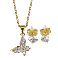 Brass Jewelry Set, Stud Earring & necklace, with stainless steel chain, with 1.5 inch extender chain, Butterfly, gold color plated, micro pave cubic zirconia & for woman, 13x16mm,1.5mm,5mm, Length:Approx 17 Inch, 3Sets/Lot, Sold By Lot