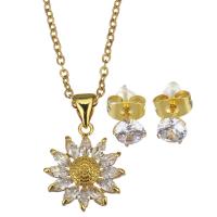 Brass Jewelry Set, Stud Earring & necklace, with stainless steel chain, with 1.5 inch extender chain, Flower, gold color plated, micro pave cubic zirconia & for woman, 14x15.5mm,1.5mm,5mm, Length:Approx 17 Inch, 3Sets/Lot, Sold By Lot
