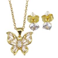 Brass Jewelry Set, Stud Earring & necklace, with 1.5 inch extender chain, Butterfly, gold color plated, micro pave cubic zirconia & for woman, 16x14.5mm,1.5mm,5mm, Length:Approx 17 Inch, 3Sets/Lot, Sold By Lot