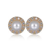 Brass Stud Earring with Shell Pearl plated micro pave cubic zirconia & for woman nickel lead & cadmium free Sold By Pair