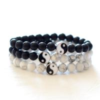 Natural Abrazine Stone & Howlite Bracelets with Enamel Ying Yang Pattern Zinc Alloy Charms Donut plated elastic white and black 190mm Sold By Set