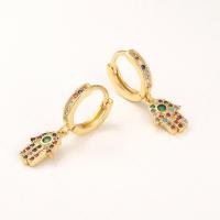 Huggie Hoop Drop Earring Brass Hand gold color plated micro pave cubic zirconia & for woman Sold By Pair