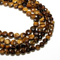 Natural Tiger Eye Beads, Flat Round, DIY & faceted, dark brown, 4mm, 90PCs/Strand, Sold By Strand